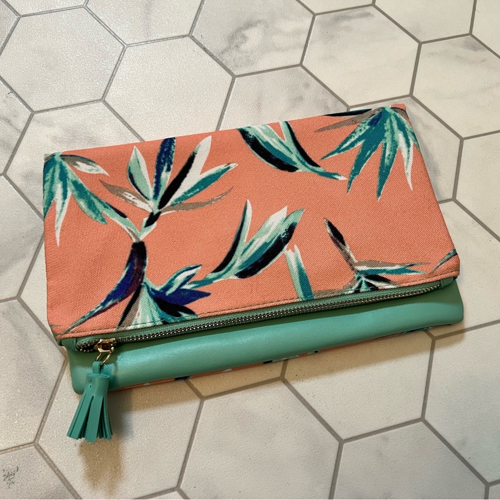 Rachel Pally teal leather and floral fold over clutch with gold hardware